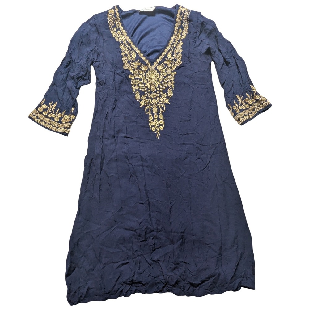 Lapogee Navy Blue Rayon Embroidered Boho Tunic Dress Small Gold Floral V-Neck